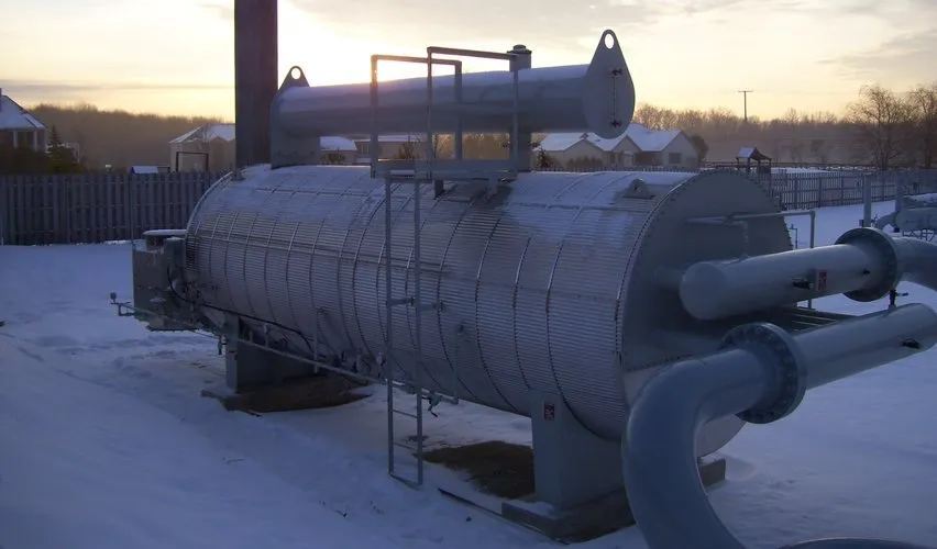 3.5 MMBTU/hr indirect-fired line heater installed at a gas utility site in snow